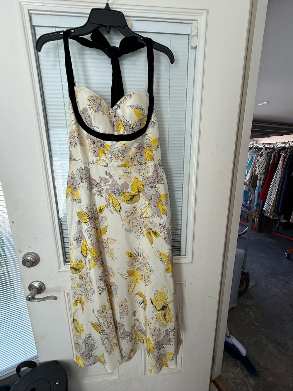 Sweetheart Floral Midi Dress with Black Halter Trim - Cream & Yellow